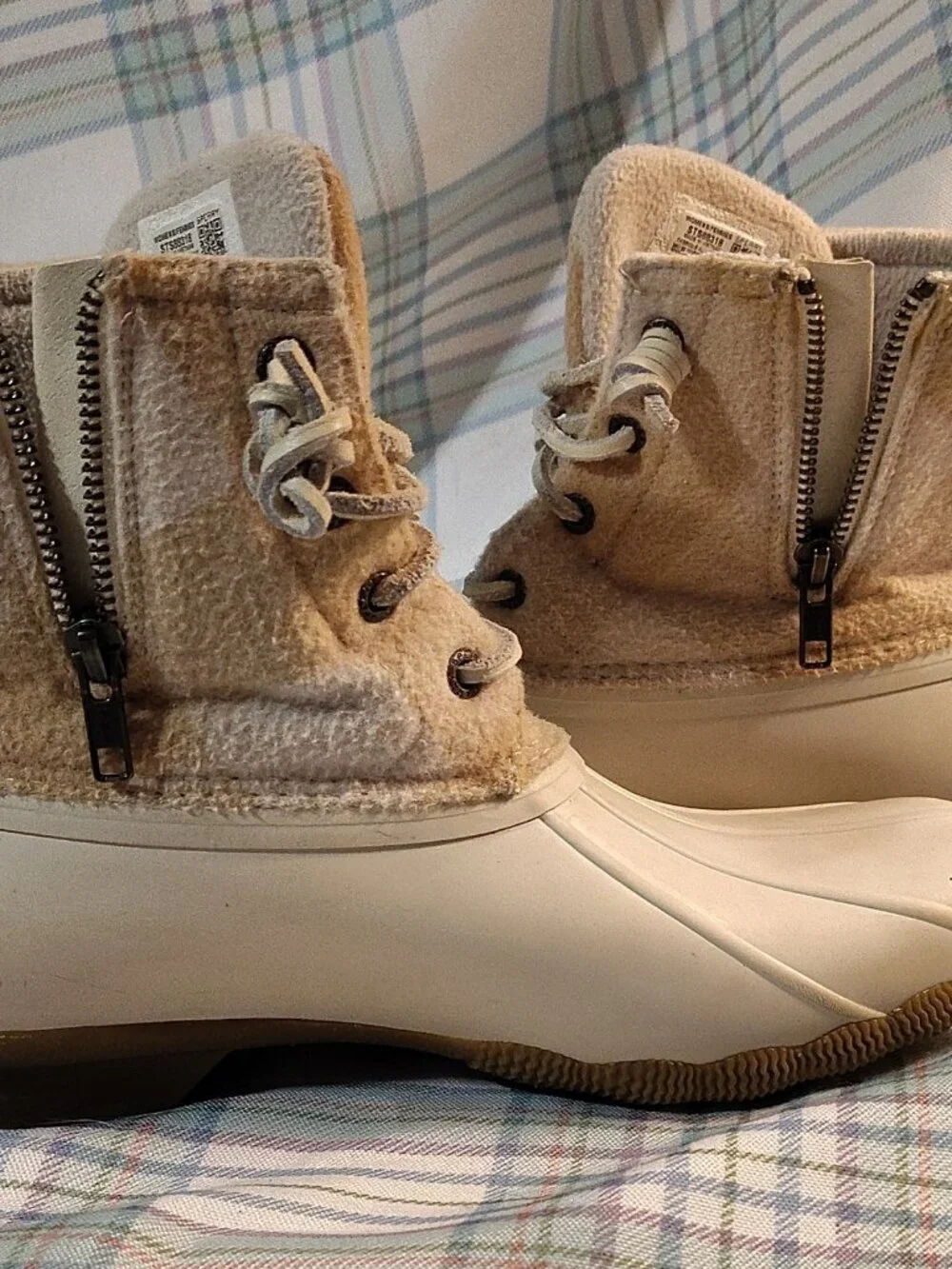 Sperry STS88318 Plaid Wool Blend Ankle Duck Boots Beige White Lace Rubber Sole